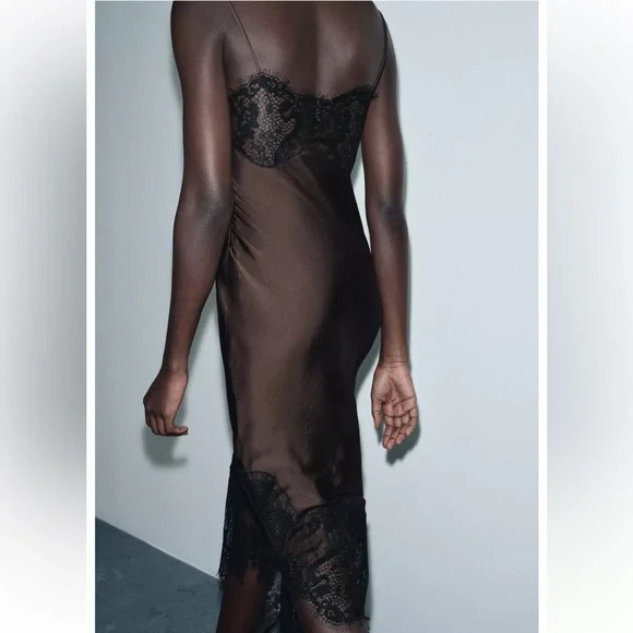 NWT Zara Asymmetric Satin Lace Dress in Black/ Brown Size M - Picture 6 of 16